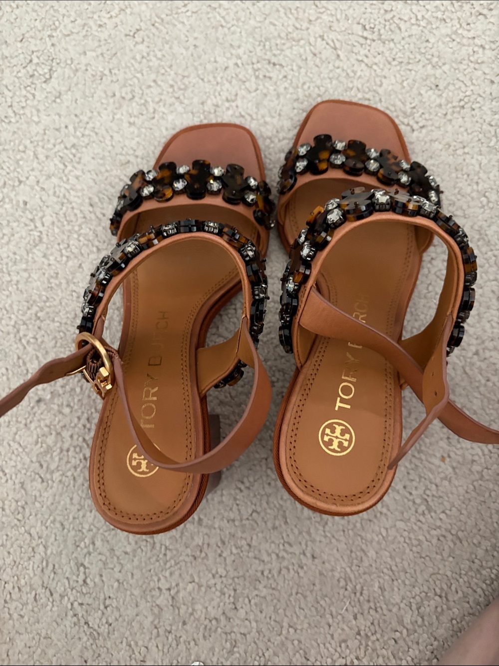 Tory Burch Brown Jeweled Leather Ankle-Strap Delaney Sandals